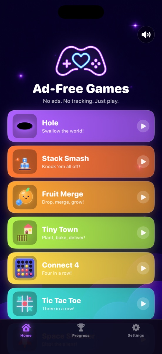 The Ad-Free Games main menu with nine game tiles
